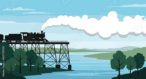 Classic steam train silhouette billows smoke as it travels across a high trestle bridge over a wide river and green hills.