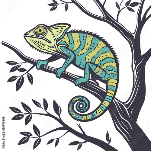 Stylized chameleon perched on a branch in a tree drawing