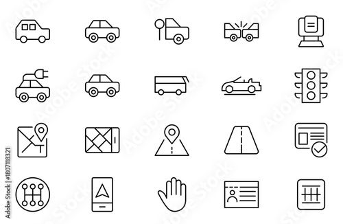 Car and rent line icon set. Automobile business, car rent, repair, transport, travel, car sharing and transport outline icon collection.