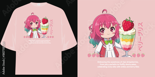 kawaii anime girl embracing sweetness of ripe strawberries juicy parfaits fluffy shortcakes berry bliss love