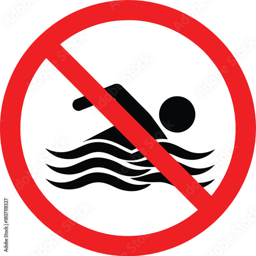 No Swimming Sign with Figure in Water Crossed Out in Red Circle Promoting Safety and Prevention of Drowning Accidents in Aquatic Areas