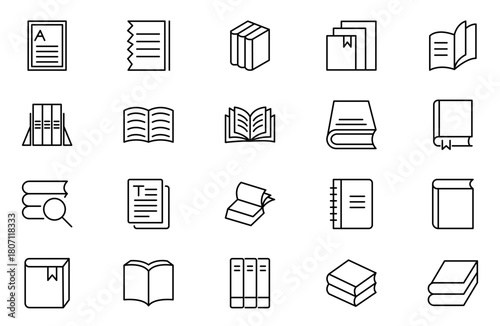 Book line icon set. School, education, various books, literature, dictionary, audiobook, learning, library and e book icons set.