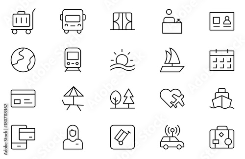 Travel Booking Icon Set. Stylish and user-friendly icons for enhancing travel apps, websites, and services, perfect for streamlining flight searches, hotel bookings, and adventure planning.