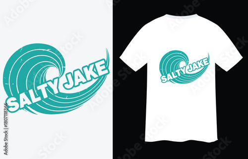 Salty jake text inside powerful curving ocean wave logo design concept for surfing apparel brands beach resorts nautical sports and coastal businesses