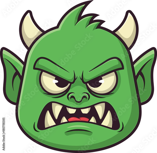 Fierce green monster face with sharp teeth and pointed ears a scary cartoon character with horns