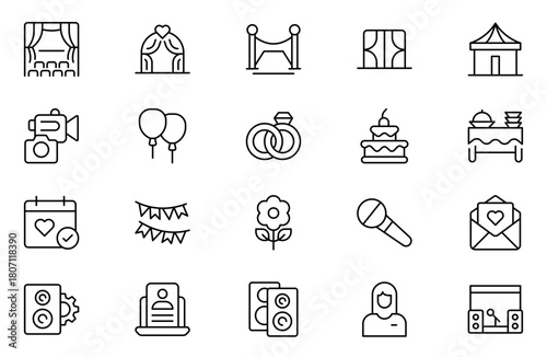 Event Planning outline Icon Set. Stylish and functional icons for organizers, perfect for scheduling, venue management, and event promotion