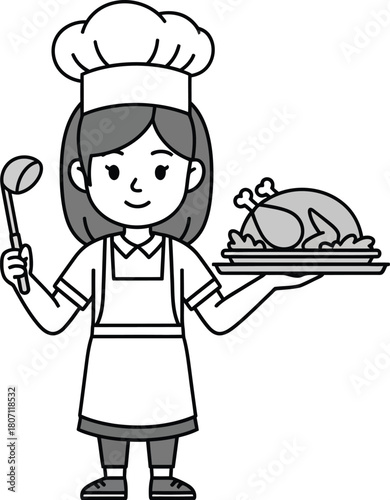 Happy cartoon chef woman holding a roasted chicken on a platter and a ladle ready to serve delicious food