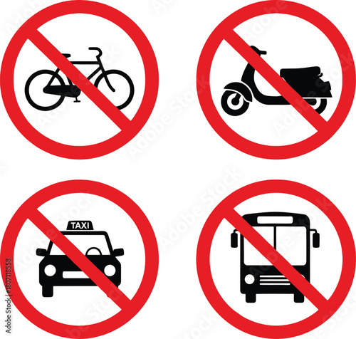 Prohibition signs for various modes of transportation including bicycle motorcycle taxi and bus symbolizing restricted access and safety regulations regarding vehicular traffic in designated areas
