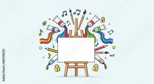 Blank artist canvas on an easel surrounded by a burst of creative tools, including rainbow paint, brushes, and musical notes.