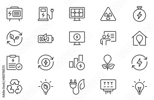 Energy Saving outline icon set, with conservation, reduce waste, consumption, management, efficiency, gas emission and green house. Eco related icons Energy Costs, Power ConsumptionGreen House