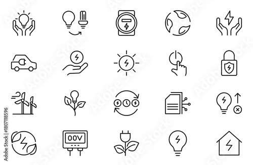 Energy Saving outline icon set, with conservation, reduce waste, consumption, management, efficiency, gas emission and green house. Eco related icons Energy Costs, Power ConsumptionGreen House