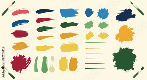 Large collection of colorful, textured paint brush strokes, splatters, and lines, ideal for creating artistic and grunge-style designs.