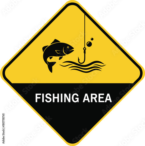 Warning Sign for Fishing Area Depicting Fish Hook and Water in a Yellow and Black Diamond Shape Vector Illustration