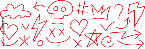 Red doodles on featuring hearts, arrows, and lightning bolts