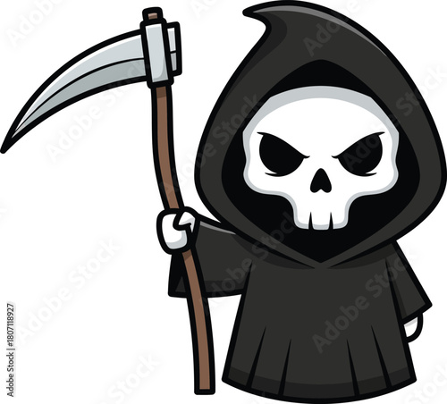 Adorable cartoon grim reaper character holding a scythe with a skull face and black robe