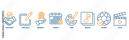 Sponsoricon icon set vector concept with icon of event, art, project, sport, music, support, film and benefit 