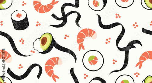 Whimsical seamless pattern of hand-drawn sushi elements, including shrimp nigiri, maki rolls, and avocado on a light, textured background.