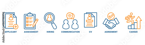 job interview icon set vector concept with icon of applicant, assessment, hiring, communication, cv, agreement, career 