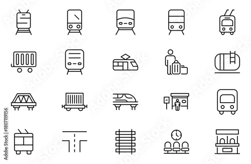 Train and railways Outline icon set. intercity, international, freight trains, linear icons. Outline icon collection.