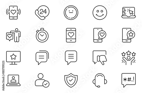Feedback line icons set. Like, review and comment on Internet content. User opinion and survey. Outline icon. Concept