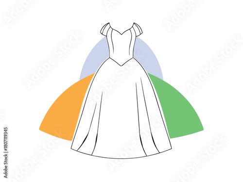 Elegant wedding dress illustration with geometric design and colorful accents suitable for fashion projects