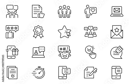 Feedback line icons set. Like, review and comment on Internet content. User opinion and survey. Outline icon. Concept