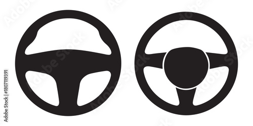  Two black steering wheel silhouettes facing forward on white background