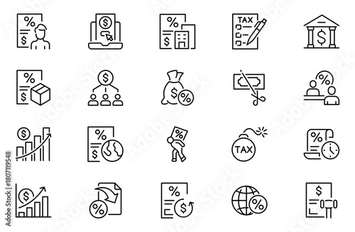 Taxes outline icons set. Linear icon collection. Editable stroke. Vector illustration