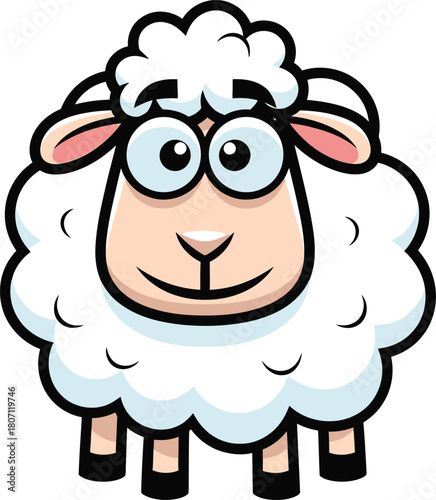 Cute cartoon illustration of a fluffy white sheep with curly horns and a friendly smile on a white background