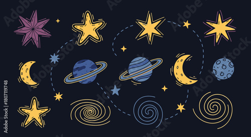 Whimsical hand-drawn doodle set of celestial bodies, including colorful planets, stars, moons, and galaxies on a dark background.