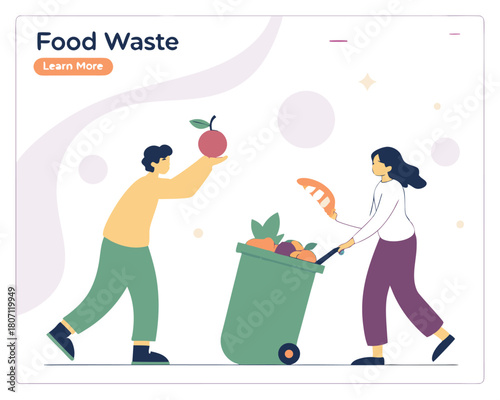 Food waste reduction illustrated with people discarding fruit and vegetables into a recycling bin on a white background