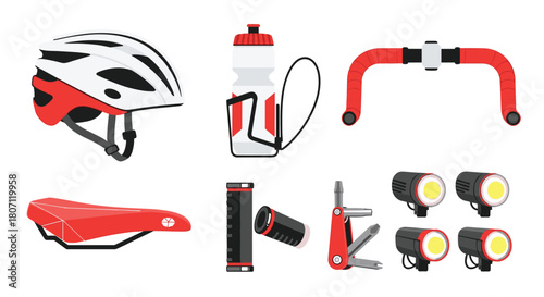 Essential set of modern bicycle accessories for safety and convenience, including a helmet, water bottle, saddle, lights, and a multi-tool.