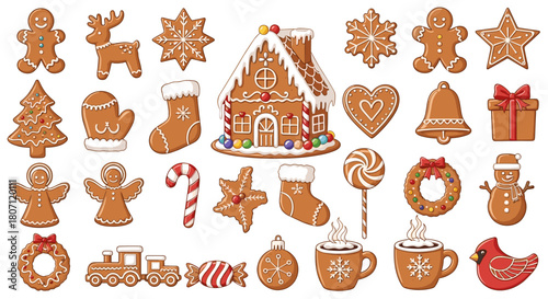 A collection of christmas themed gingerbread cookies and other treats art