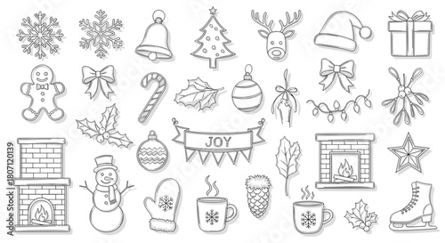 Collection of christmas themed drawings including tree and fireplace
