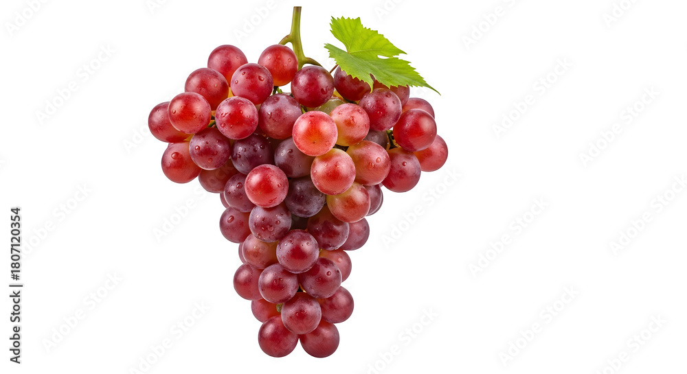 Fototapeta premium Fresh ripe red seedless grapes hanging on a vine with a green leaf isolated on transparent background