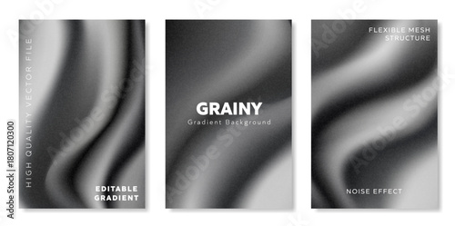 Grainy gradient background collection with an editable gradient and noise effect, showcasing a flexible mesh structure in monochrome tones, ideal for a dramatic and textured vertical design