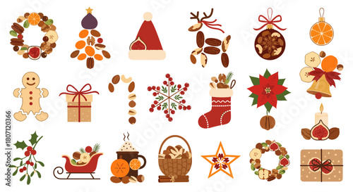 Festive christmas decorations made of nuts and dried fruits collection
