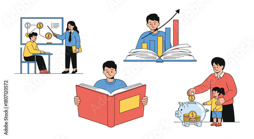 Illustrations about financial literacy and education, showing a teacher, students learning, reading, and saving money.