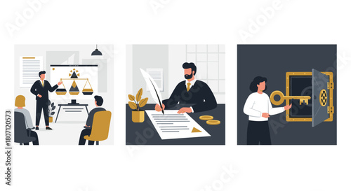 Set of legal and notary service illustrations, depicting a law presentation, signing a will, and accessing a secure safe.