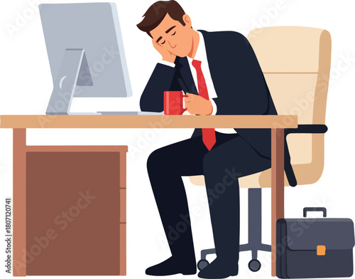 Tired businessman sleeping at his desk with coffee mug.