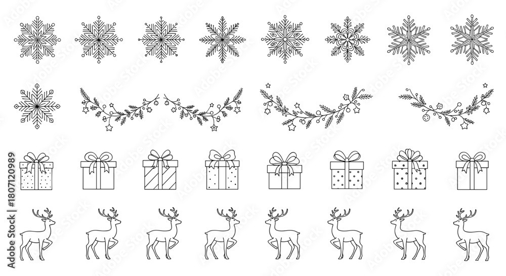 Fototapeta premium Illustration of snowflakes garlands gifts and reindeer in black and white