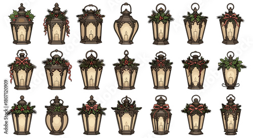 Collection of decorative lanterns with candles and festive embellishments