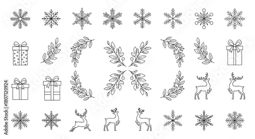 Illustration of snowflakes gifts reindeer and branches in black and white