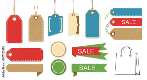 Collection of colorful vintage-style price tags, sale labels, and ribbons for retail, e-commerce, and promotional design projects.