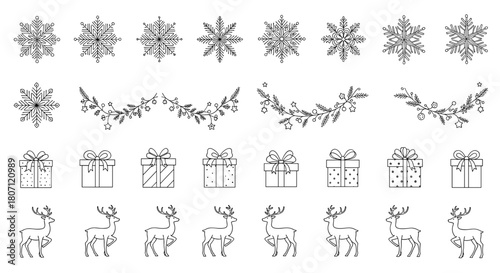 Illustration of snowflakes garlands gifts and reindeer in black and white