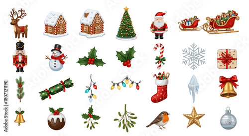 Collection of christmas themed illustrations including santa and reindeer