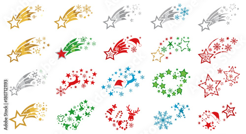 Collection of christmas themed shooting stars with various decorations