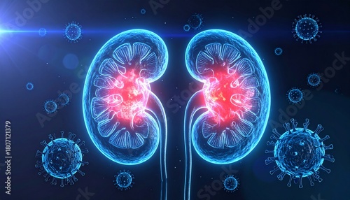 Medical Illustration of a Kidney with Viral Infections and Inflammatory Processes