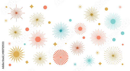 Retro collection of mid-century modern starbursts and geometric shapes in a stylish gold, teal, and coral color palette design.