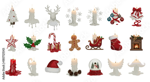 Collection of christmas themed candles including tree deer and stocking